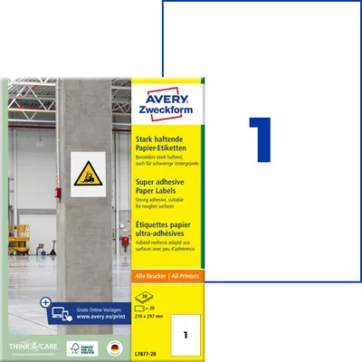 Produktbild von Avery Zweckform L7877-20, Stark haftende Papier-Etiketten, A4, 210 x 297 mm, 20 Etiketten / 20 Bögen, weiß