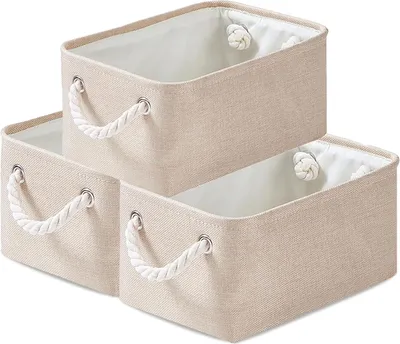 Produktbild von Stoff Aufbewahrungsboxen, Faltbare Aufbewahrungsbox mit Seilgriffen für Regale, Schrank, Kleiderschrank, 3er-Pack (Elfenbeinfarben, S)