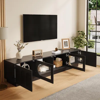 Produktbild von okwish TV-Lowboard mit LED Licht APP Steuerung, TV-Schrank mit Glastüren und Kabeldurchlass, Fernsehbank in Schwarz