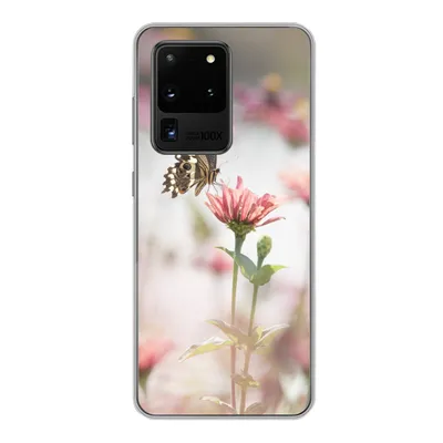 Produktbild von MuchoWow® Handyhülle Schutzhülle Hülle für Samsung Galaxy S20 Ultra Schmetterling - Blume - Rosa Silikon Softcase Handy Hülle - Karteninhaber