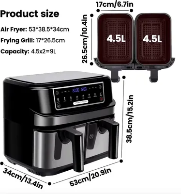 Image de Friteuse à air - Double friteuse à air - Grande friteuse à air - Four à air chaud - Friteuse à air - XL, 9 litres - 2 bacs