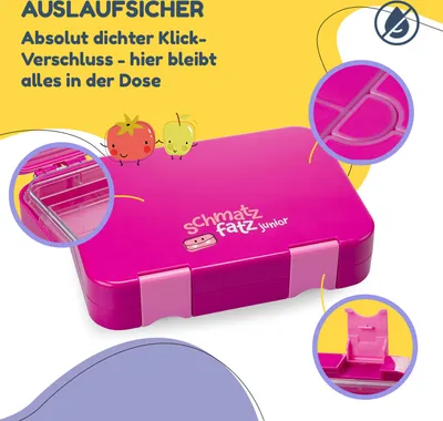 A pink lunchbox with cartoon characters and feature callouts.