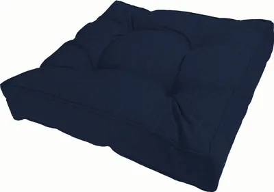 A dark blue square cushion is shown from a slightly elevated angle against a white background.