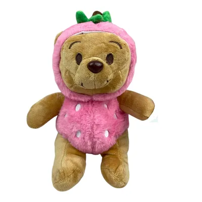 Produktbild von Kuscheltier Bär 20 cm hellbraun im Erdbeer-Kostüm rosa – Weiches Plüschtier, Stofftier
