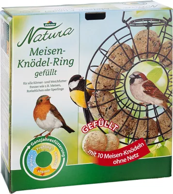 Produktbild von Dehner Natura Premium Wildvogel Meisenknödelring gefüllt, Futterstation inkl. 10 Meisenknödel ohne Netz, ganzjähriges Wildvogelfutter fettreich / energiereich, Metall, ca. Ø 24.5 cm