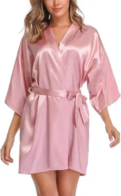 Immagine prodotto di Kimono da bagno in raso da donna, camicia da notte corta con cinturini e scollo a V, in seta rosa scuro
