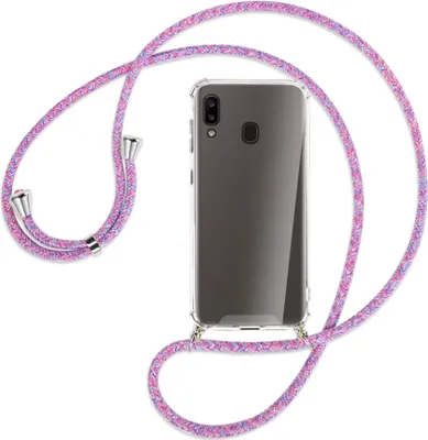 Produktbild von Handykette Backcover-Schutzhülle mit Band (Metall silberfarben) für Samsung Galaxy A20e - lila/rosa/blau