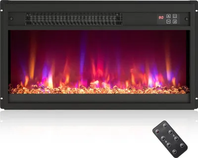 An electric fireplace with a remote control, shown from the front.