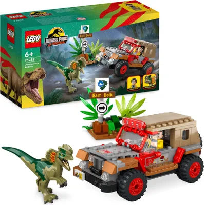 Zdjęcie produktu dla Lego 76958 Jurassic Park Zasadzka na dilofozaura, zabawka dla dzieci, chłopców i dziewczynek, w wieku od 6 lat, zestaw z figurką dinozaura i Jeepem, zestaw z okazji 30. rocznicy „Parku Jurajskiego”