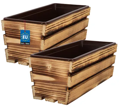 Produktbild von KOTARBAU® 2er Set Blumenkasten für Balkon 40x18x15cm Pflanzkasten Balkonkasten mit Kunststoffeinsatz Blumentopf Kräutertopf aus Kiefernholz Rustikal