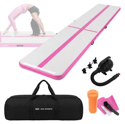 Produktbild von ECD Germany Aufblasbare Gymnastikmatte Turnmatte Airtrack 5m, Rosa, 10 cm Dicke, inkl. Tragetasche, Luftpumpe & Flick-Set, Fitnessmatte Tumbling Matte