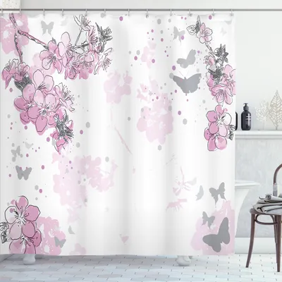Image de ABAKUHAUS Rideau de douche Fleurs d'amandier, fond éclaboussé de couleur avec contour Composition florale printanière, 175 x 220 cm, rose et noir