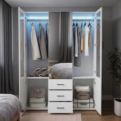 Image de Armoire UnboxG de 130 cm avec éclairage LED, armoire à 4 portes avec miroir, 3 tiroirs, armoire blanche pour chambre