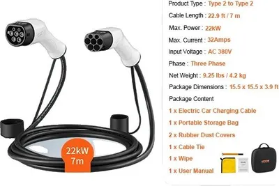 Image de Câble de recharge pour voitures électriques, compatibilité type 2, puissance élevée, 22KW 32A-7M