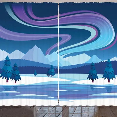 Produktbild von ARANDE Northwoods Gardine, Aurora Borealis-Zusammensetzung-Landschaftselemente gefrorene See-Hügel und Bäume, 280 x 245 cm, Mehrfarbig