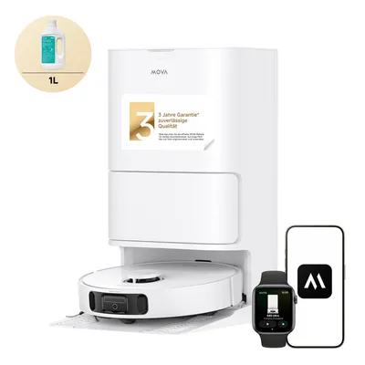 A white robot vacuum cleaner with an all-in-one station, a smartphone, and a smartwatch are displayed. A bottle of cleaning fluid is in the upper left corner.