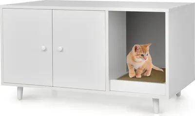 Produktbild von GOPLUS 2 in 1 Hölzernes Katzenklohaus und Beistelltisch, Haus für Katzentoilette mit Türen, Stahlbeine, abnehmbare Kratzbox, Wasser- und Kratzfest, 90x50x50cm
