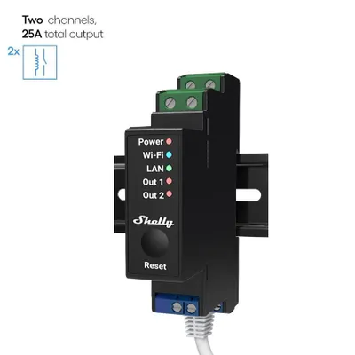 Produktbild von Shelly Pro 2PM, Halbleiterrelais, Schwarz, 802.11b, 802.11g, Wi-Fi 4 (802.11n), 2,483 GHz, 30 m, 13,34 dBmW