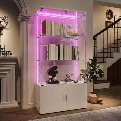 Image de Vitrine en verre - Vitrine d'exposition - Pour présenter des objets - Éclairage LED - 78 x 35 x 163 cm - Blanc