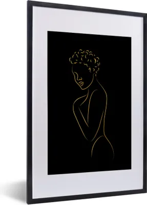 Produktbild von MuchoWow® Gerahmtes Poster Frau - Schwarz - Gold - Strichzeichnung 40x60 cm - Poster mit Schwarzem Bilderrahmen Wandposter Rahmen Foto Bilder - Poster in Rahmen