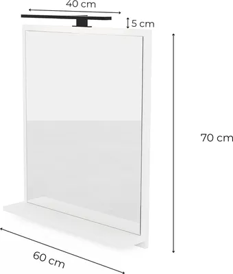 A white rectangular bathroom mirror with a shelf and a black LED light bar mounted on top, with dimensions indicated.