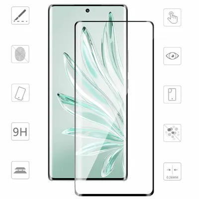 A screen protector is shown next to a smartphone, with icons indicating features.