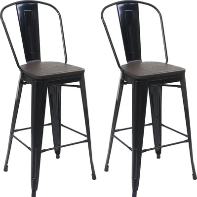 Produktbild von 2er-Set Barhocker MCW-A73 inkl. Holz-Sitzfläche, Barstuhl Tresenhocker mit Lehne, Metall Industriedesign  schwarz