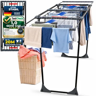 Produktbild von STAHLMANN® Wäscheständer ausziehbar [20 m Trockenfläche] XXL Flügelwäscheständer klappbar, höhenverstellbare Flügel, Klemmen für Kleinteile, UV-beständig,  Europe, Schwarz