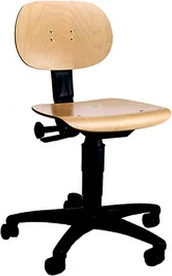 A studio shot of an office chair with a wooden seat and backrest, on a white background.