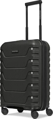 A black trolley suitcase with a telescopic handle extended.