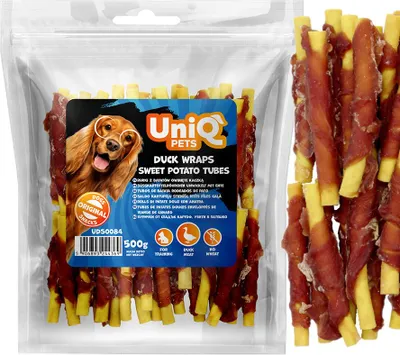 Obrázek produktu pro Sladké bramborové trubičky obalené v kachním mase UniQ Pets 500g