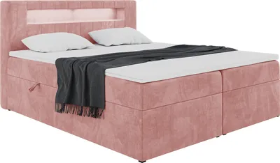 Produktbild von MEBLINI Boxspringbett mit Bettkasten - Bett mit LED Kopfteil - Gepolstert Doppelbett mit Matratze und Topper - Polsterbett mit Stauraum - Stauraumbett - ASPIN - 160x200 - H3/Rosa Samt