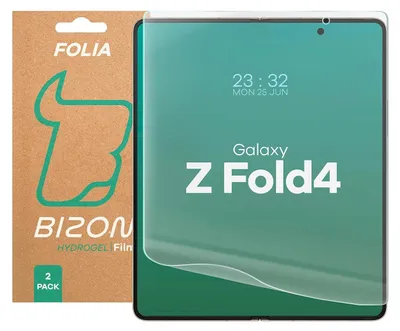 The image shows the packaging for a Bizon Hydrogel Film for a Samsung Galaxy Z Fold4, alongside the screen protector itself displayed on a phone screen.