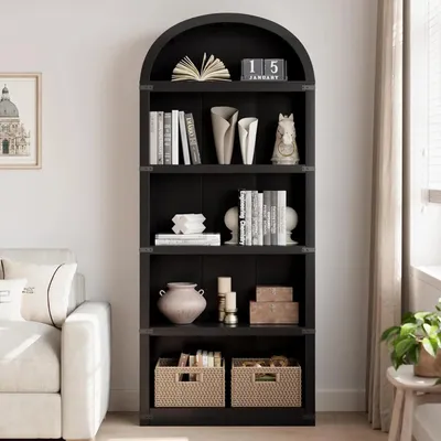 Image de Étagère bibliothèque avec 5 niveaux - Étagère en bois incurvée - Hauteur de 182 cm - Style rustique - Étagère d'appoint pour salon et bureau - Noir