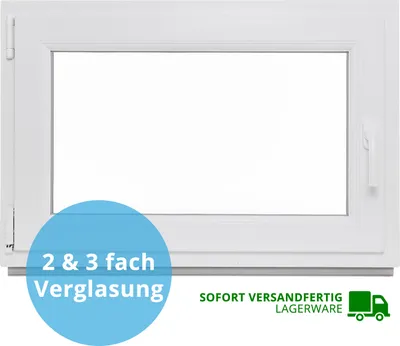 A white window frame with a blank glass pane, set against a white background. A blue circular overlay with text is in the bottom left corner, and a green truck icon with text is in the bottom right.