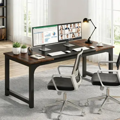 Produktbild von Computertisch 180x80 cm Doppelter Schreibtisch Bürotisch Arbeitstisch Homeoffice Metallrahmen Braun Schwarz 180x80x75 cm