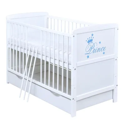 Produktbild von Baby-Delux Babybett Gitterbett Kinderbett Natalie Prince 2in1 140x70 Weiß Beißschienen mit Schublade Kokos-Buchweizen Matratze, höhenverstellbar