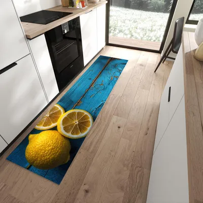 Produktbild von Küchenläufer 60 x 240 cm Blau rutschfest & waschbar – Küchenteppich Zitronen auf Holz PVC Teppichläufer Küche