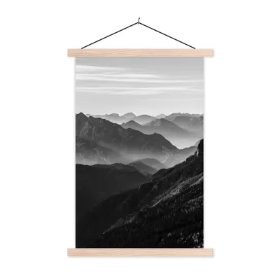 Produktbild von MuchoWow® Textilposter Berge - Natur - Nebel 120x180 cm mit holzfarbenen Rahmen - Textil-Plakat