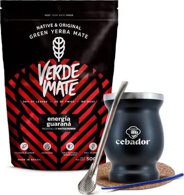 Zdjęcie produktu dla Verde Mate – zestaw do parzenia herbaty mate „Energía Guaraná” 500 g – kubek do mate TermoMate czarny 190 ml – grube liście 5 mm – dwuścienna stal nierdzewna – z bombillą