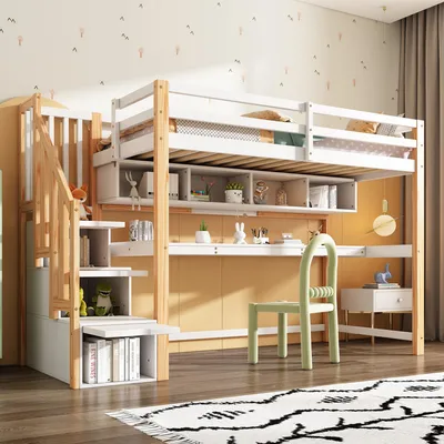 A child's bedroom with a loft bed, desk, and storage.