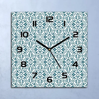 Produktbild von Wanduhr Echt-Glas-Küchenuhr Blau Ornament Weiß Quarz 30x30 Deko Bilder