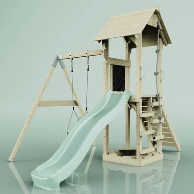 Produktbild von OutdoorToys Spielturm mit Wellenrutsche und Kinder-Schaukel, Outdoor Klettergerüst Garten, Ausführung: Babyschaukel, Farbe: Mintgrün, mit Babyschaukel