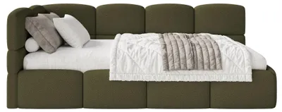Produktbild von Selsey Cloudy – Jugendbett 90x200 cm, linksseitig, mit Bouclé-Bezug und Matratze, Olivgrün