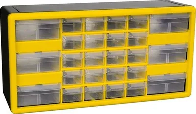 Productafbeelding van Unyqoos® compacte opbergkast met 26 lades, gemaakt van polystyreen kunststof, stapelbaar en geschikt voor wandmontage – ideaal voor huis, garage en kantoor