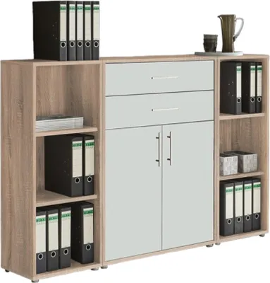 Produktbild von Aktenschrank TABOR 13 in Eiche Sonoma / weiß matt, Schrankwand, Büroschrank, abschließbar, Metallgriffe