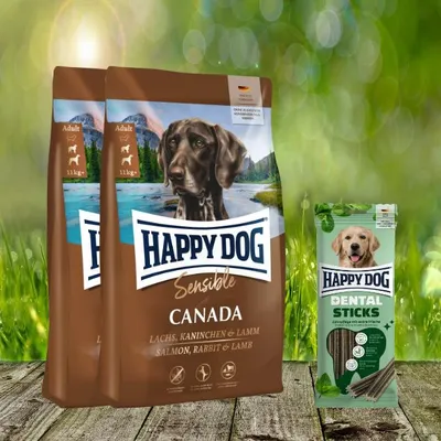 Produktbild von Happy Dog Supreme Sensible Canada 2 x 11 kg + Happy Dog Dental Sticks *geschenkt*