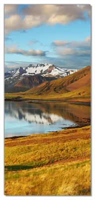 Produktbild von Wallario selbstklebende Türtapete 93 x 205 cm - Bergpanorama mit Spiegelung im See - Abwischbar, rückstandsfrei zu entfernen