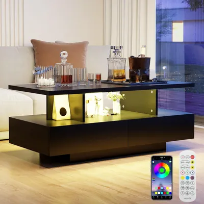 Produktbild von Puluomis Couchtisch mit Schublade, RGB Lichtleiste mit App Steuerung, Fernbedienung, Kaffeetisch Wohnzimmertisch Sofatisch für Wohnzimmer, schwarz