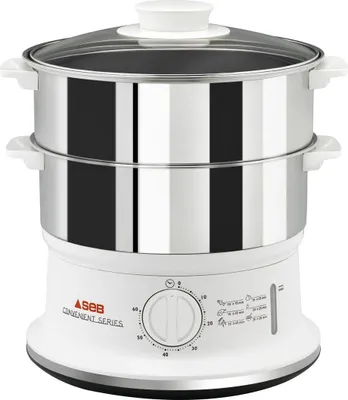 A white electric food steamer with two stainless steel tiers and a glass lid, shown from a front-diagonal angle against a white background.